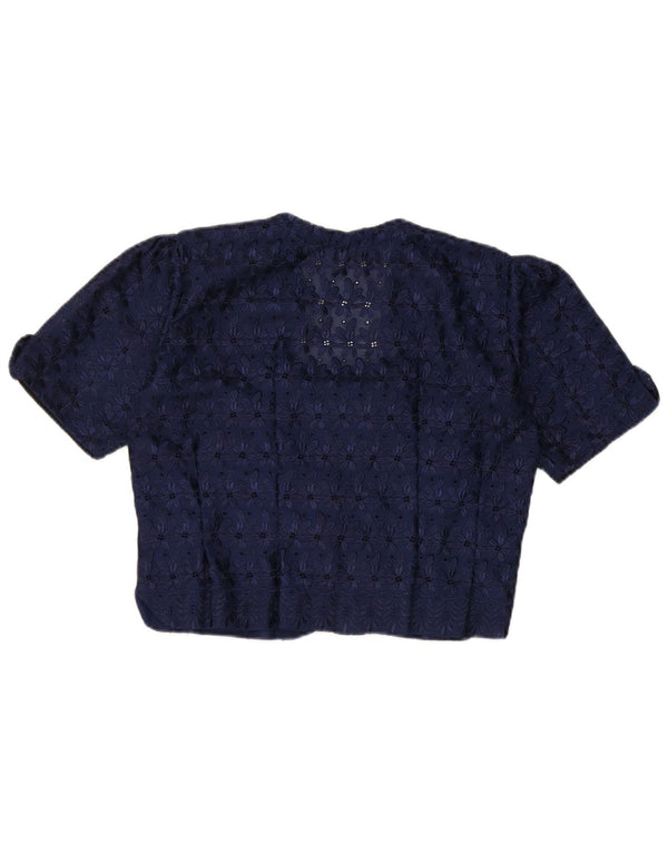 Vintage Womens Crop Short Sleeve Shirt Blouse UK 12 Medium Navy Blue Floral