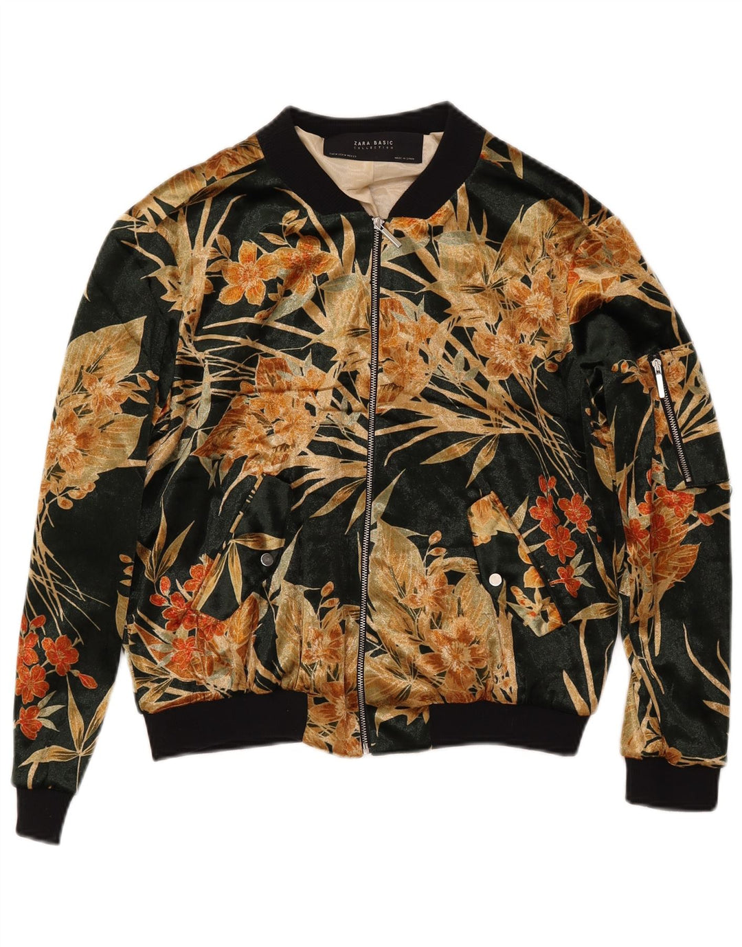 Bomber pentru femei ZARA UK 14, verde mediu, bumbac floral