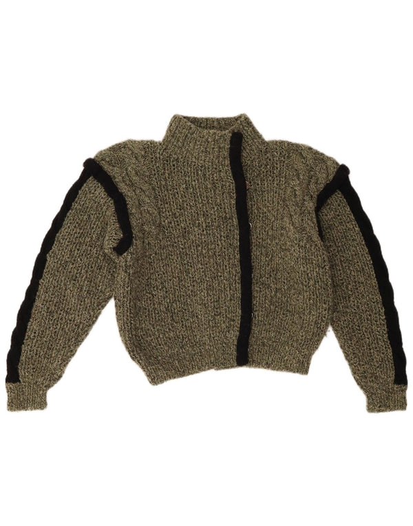 Pulover vintage cardigan crop pentru femei UK 12 Medium Khaki Colorblock Bumbac
