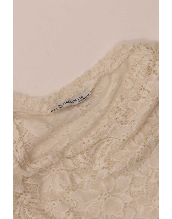 Bluză de top pentru femei Zara Crop See Through UK 12 Medium Off White Floral