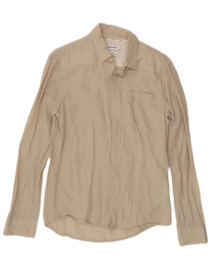 CALVIN KLEIN Mens Slim Fit Shirt Small Beige Linen