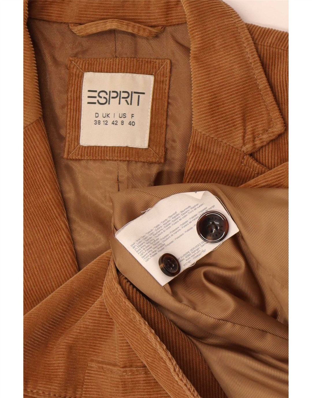 Sacou blazer din velur cu 2 nasturi Esprit pentru femei UK 12, bumbac maro mediu