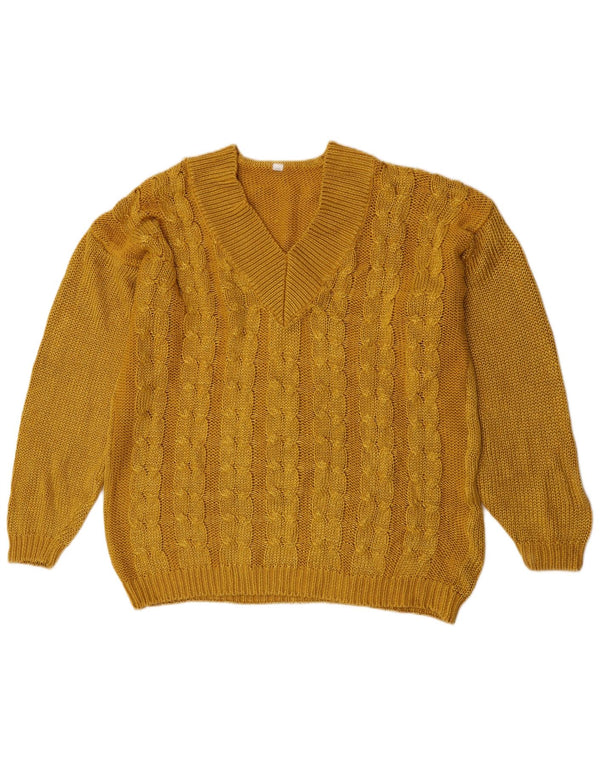 Pulover vintage pentru femei cu decolteu în V supradimensionat EU 44 XL bumbac galben