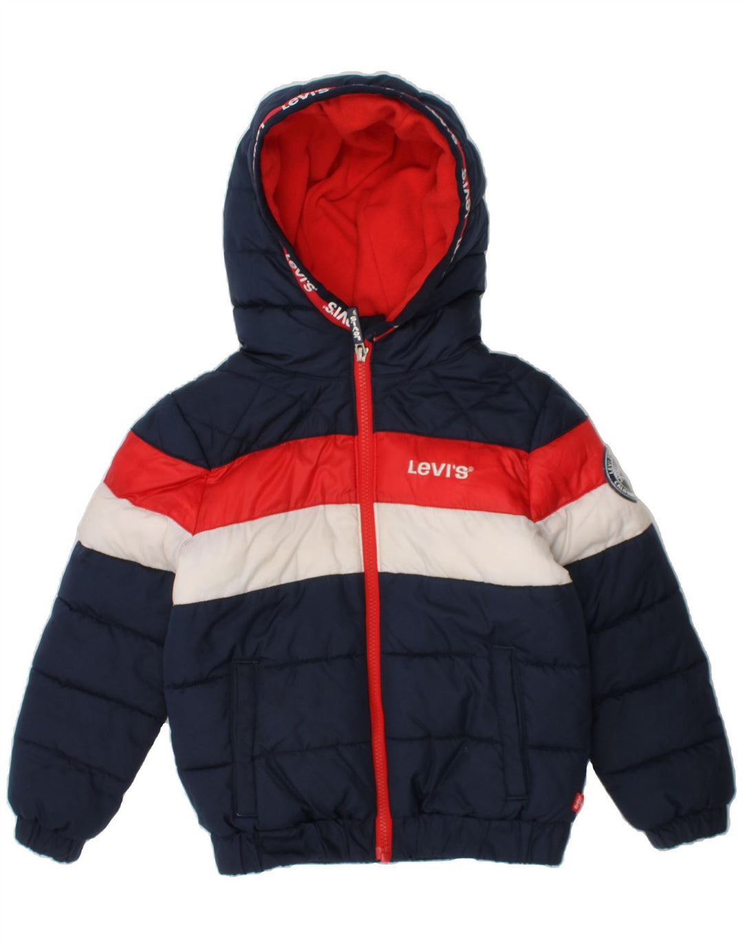 LEVI'S Boys Graphic Hooded Padded Jacket 5-6 Years Navy Blue Colourblock Vintage Levi's and Second-Hand Levi's from Messina Hembry 
