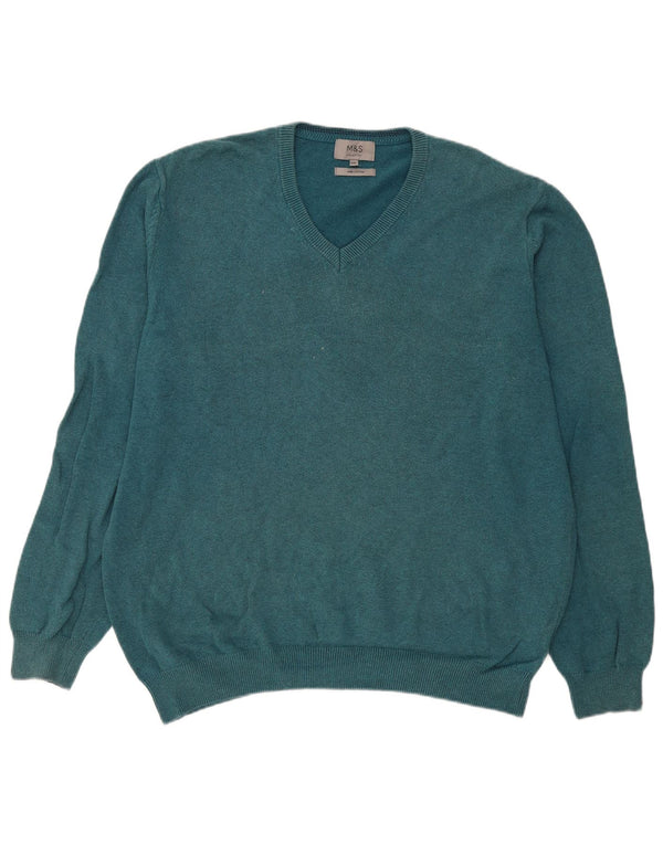 Pulover cu decolteu în V pentru bărbați Marks & Spencer, bumbac albastru 2XL