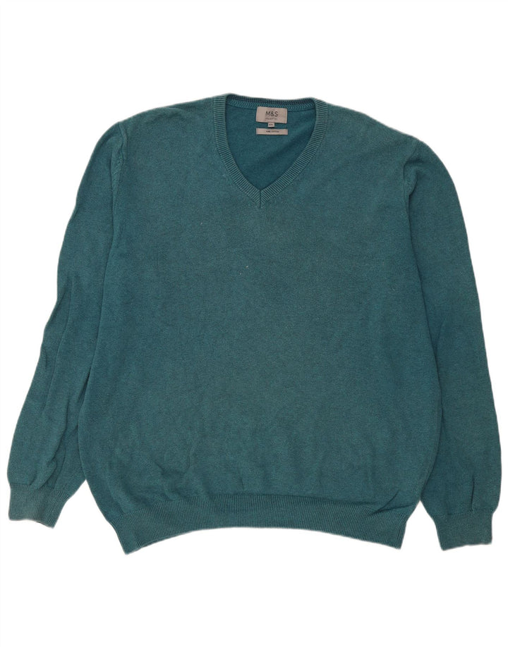 Pulover cu decolteu în V pentru bărbați Marks & Spencer, bumbac albastru 2XL
