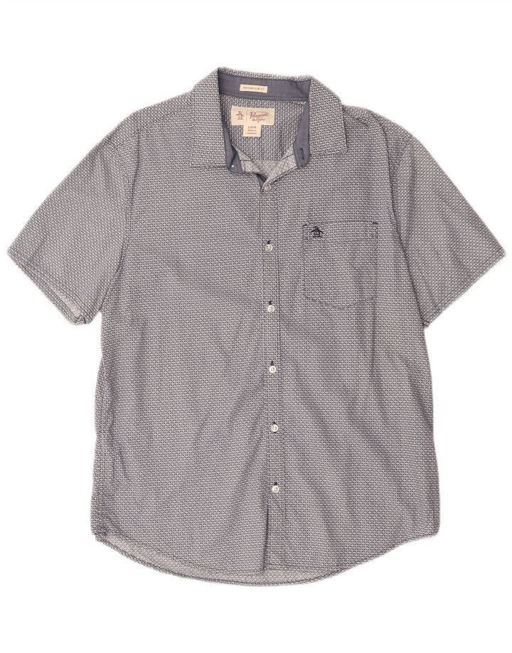 Cămașă cu mânecă scurtă pentru bărbați PENGUIN Heritage Slim Fit, mare, albastră, geometrică