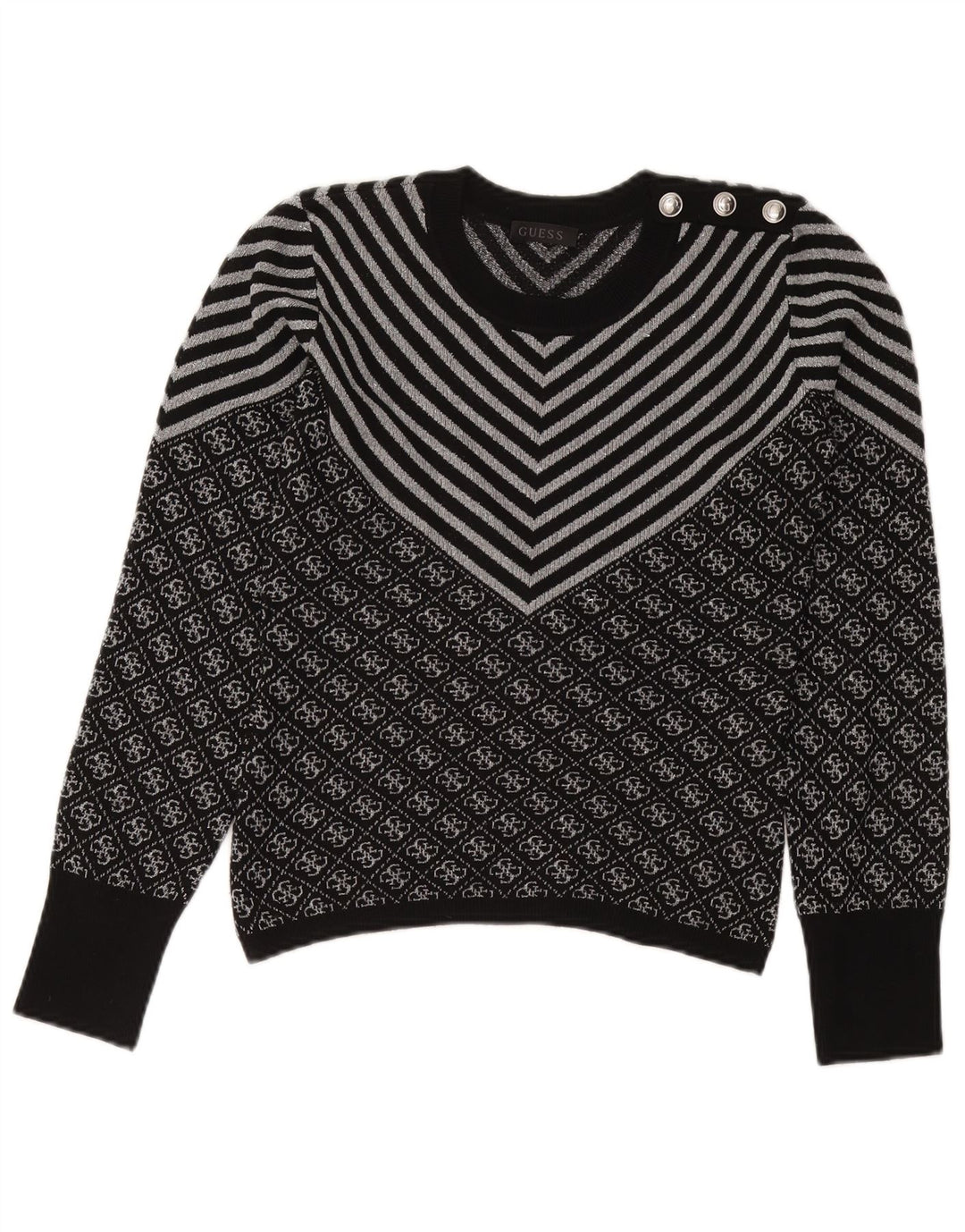 Pulover GUESS pentru femei cu decolteu triplu UK 6 XS poliester chevron negru