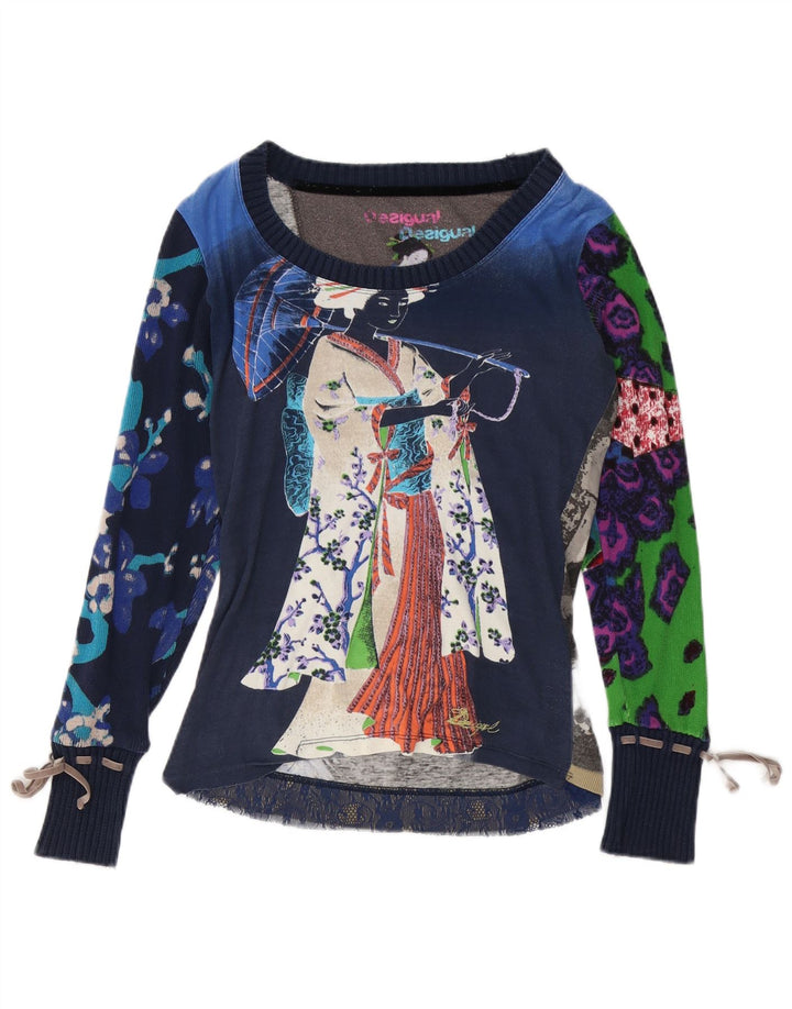 DESIGUAL Top grafic pentru femei cu mânecă lungă UK 14 Medium Bleumarin Floral