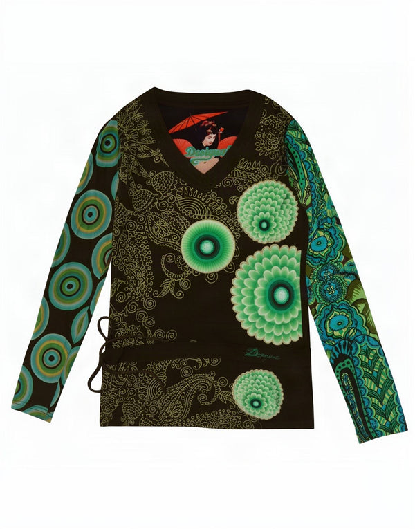 Top grafic pentru femei Desigual, cu mânecă lungă, UK 10, bumbac Paisley Kaki Mic