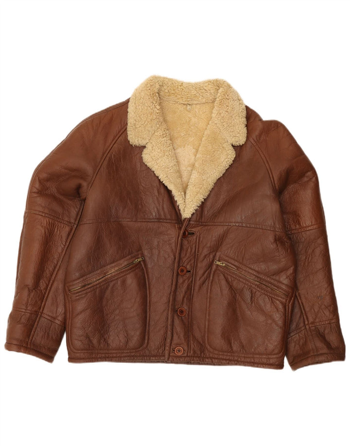 Jachetă vintage bărbătească din shearling IT 52 XL din piele maro