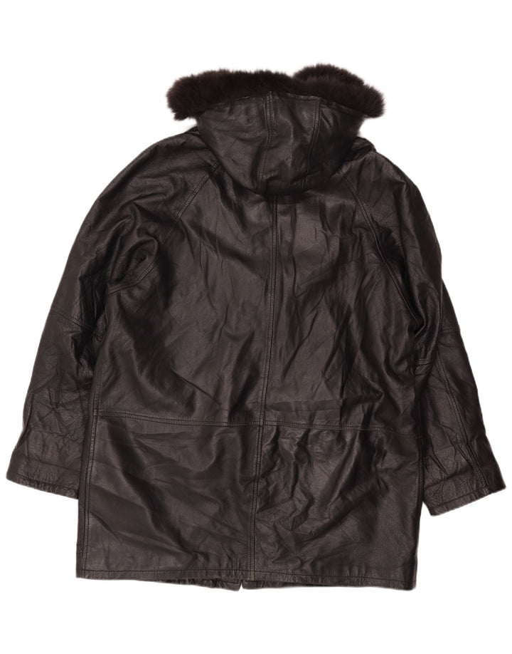 Palton de piele vintage pentru femei, cu glugă, cu glugă, UK 18 XL, piele neagră