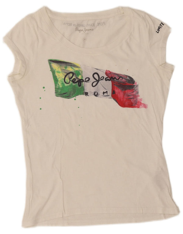 Tricou grafic pentru femei PEPE Jeans Top UK 12 Bumbac alb mediu