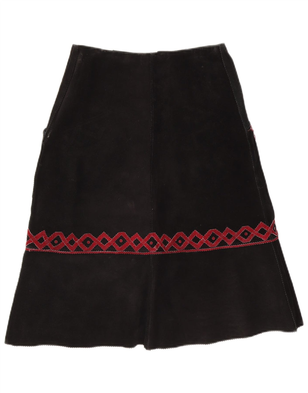 Fusta midi de piele de căprioară vintage pentru femei W28 Medium Black Geometric