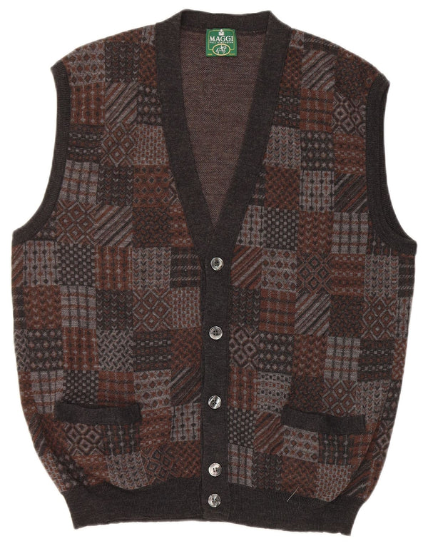 Cardigan Vintage pentru bărbați, fără mâneci, din lână virgină geometrică, gri mediu