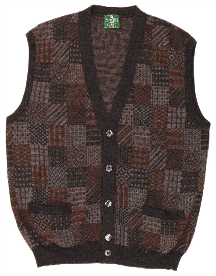 Cardigan Vintage pentru bărbați, fără mâneci, din lână virgină geometrică, gri mediu