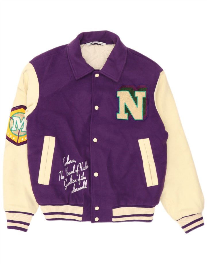 Jachetă Varsity cu grafică ZARA pentru bărbați UK 38 Poliester color bloc de culoare violet mediu