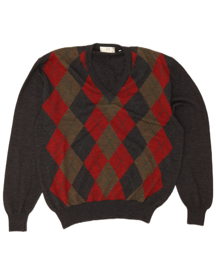 Pulover vintage pentru bărbați cu decolteu în V IT 50 Gri mediu Argyle/Diamond