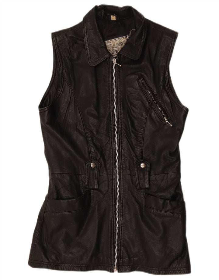 Gilet din piele vintage pentru femei UK 12 Medium Black