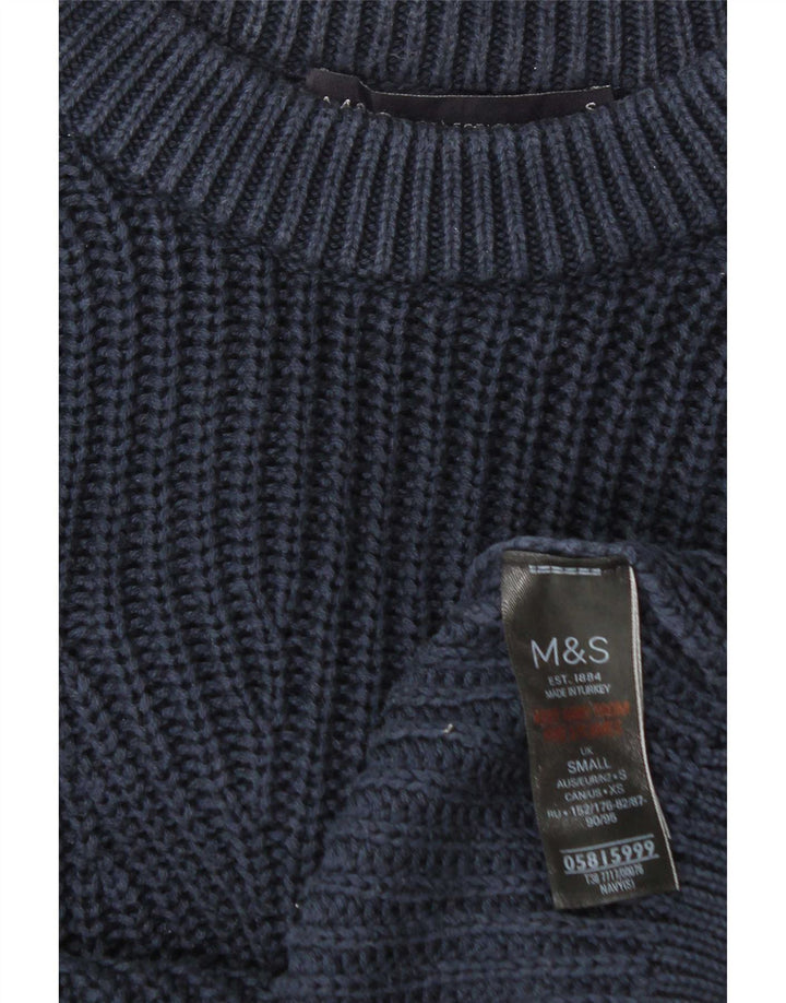 Pulover pentru bărbați Marks & Spencer, cu gât de barcă, mic din bumbac bleumarin