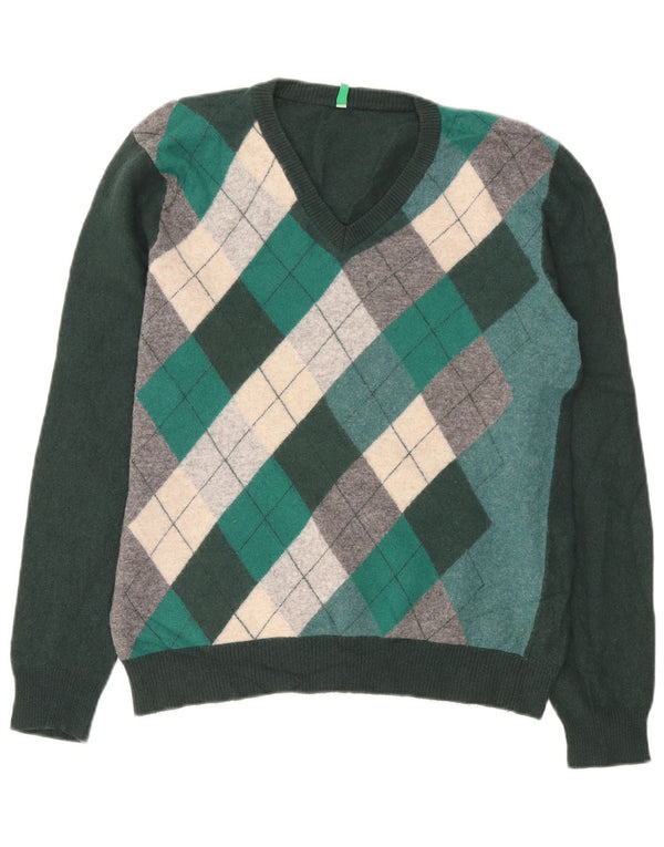 Pulover Benetton pentru femei cu decolteu în V UK 14 Medium Green Argyle/Diamond