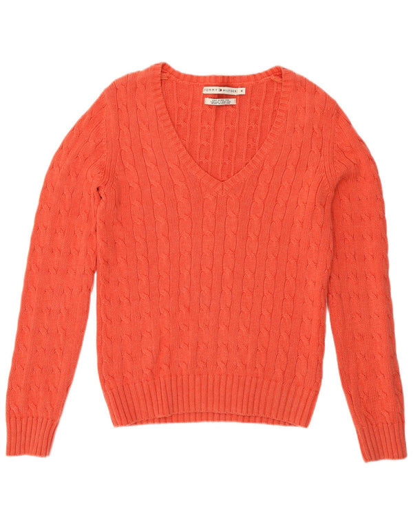 Pulover pentru femei Tommy Hilfiger cu decolteu în V UK 14, bumbac roz mediu