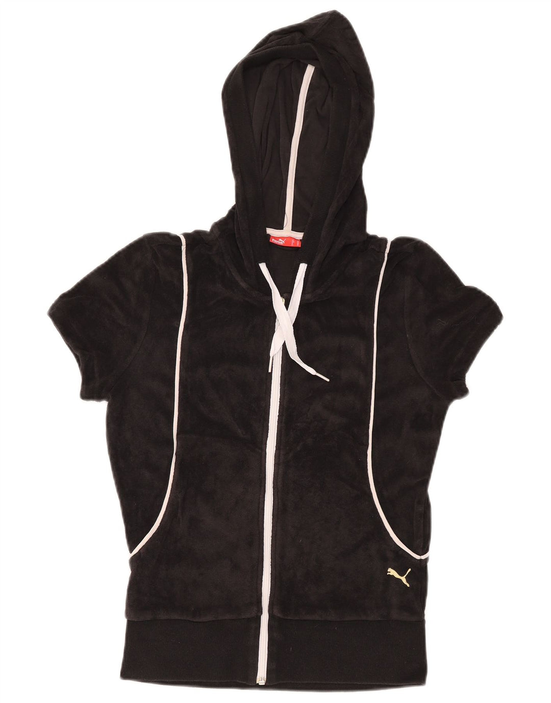 Pulover PUMA pentru femei cu mânecă scurtă din catifea cu fermoar și cu capotă UK 12 Medium Negru