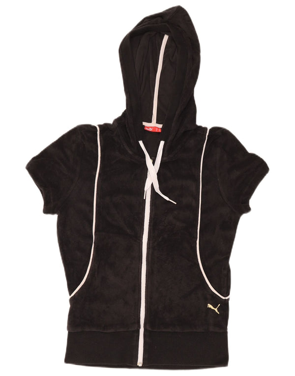 Pulover PUMA pentru femei cu mânecă scurtă din catifea cu fermoar și cu capotă UK 12 Medium Negru