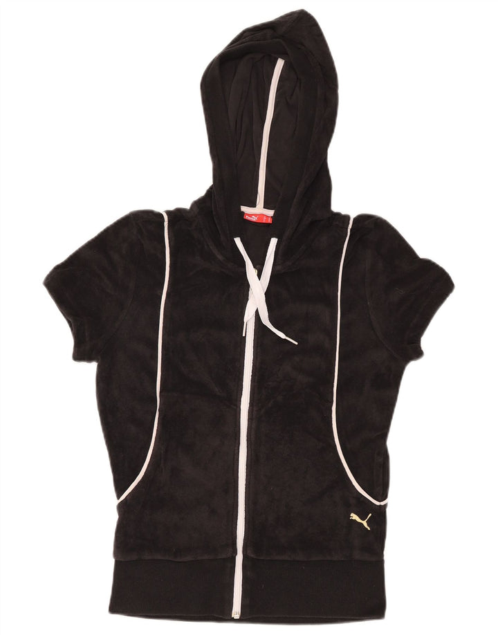 Pulover PUMA pentru femei cu mânecă scurtă din catifea cu fermoar și cu capotă UK 12 Medium Negru