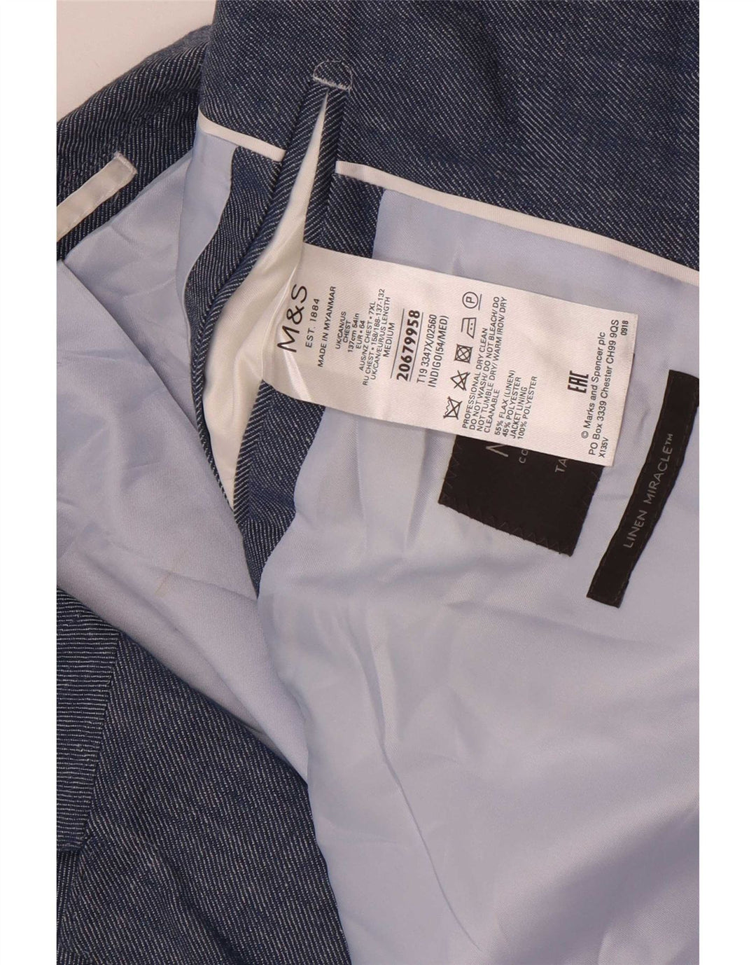 Jachetă pentru bărbați Marks & Spencer, cu 2 nasturi, UK 54 7XL Blue Linen Classic
