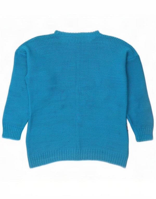 Pulover vintage pentru femei cu gât de barcă UK 14 Bumbac geometric albastru mediu