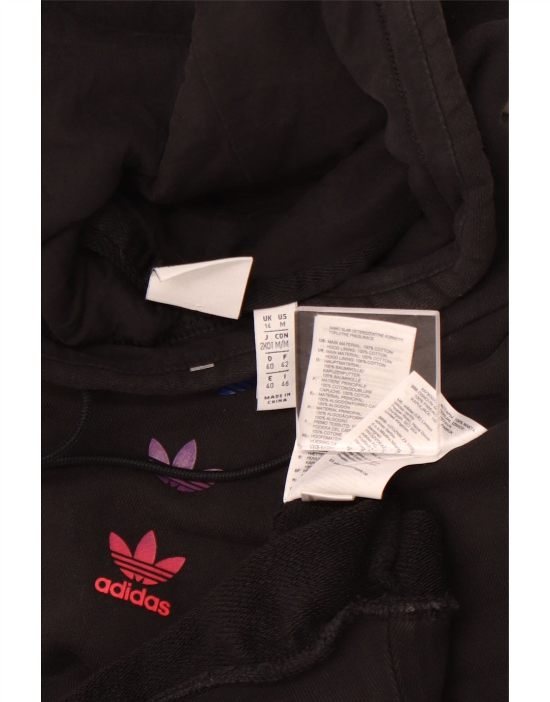 Pulover ADIDAS pentru femei, cu formă largi, cu glugă grafică, UK 14, mare, negru, bumbac