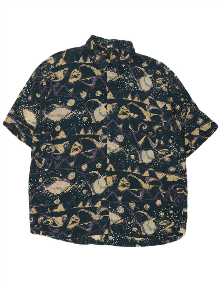 Cămașă cu mânecă scurtă pentru bărbați de epocă, cu model abstract, XL, albastru, viscoză, retro