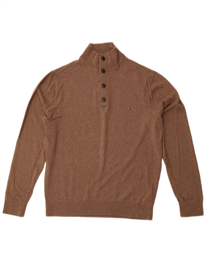 TOMMY HILFIGER Pulover pentru bărbați cu gât cu nasturi, bumbac maro 2XL