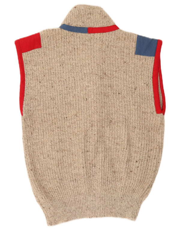 Vintage Mens Sleeveless Cardigan Sweater Medium Beige Colourblock Acrylic