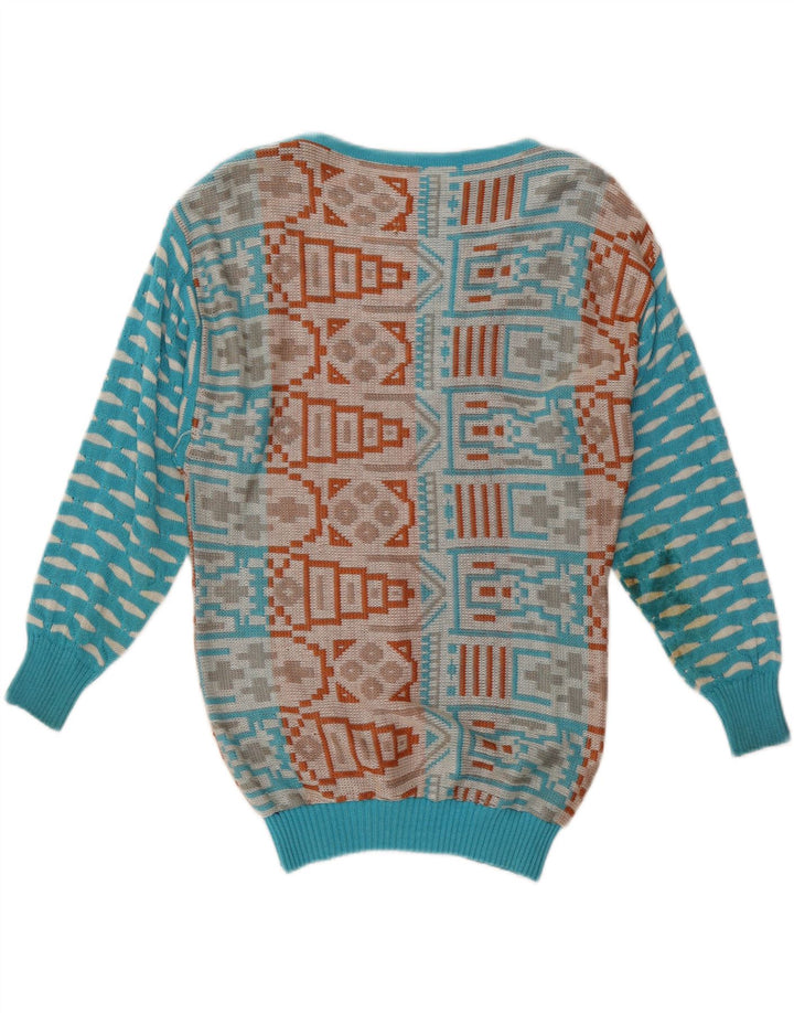 VINTAGE Pulover cu gât de barcă pentru femei UK 14 Medium Blue Geometric