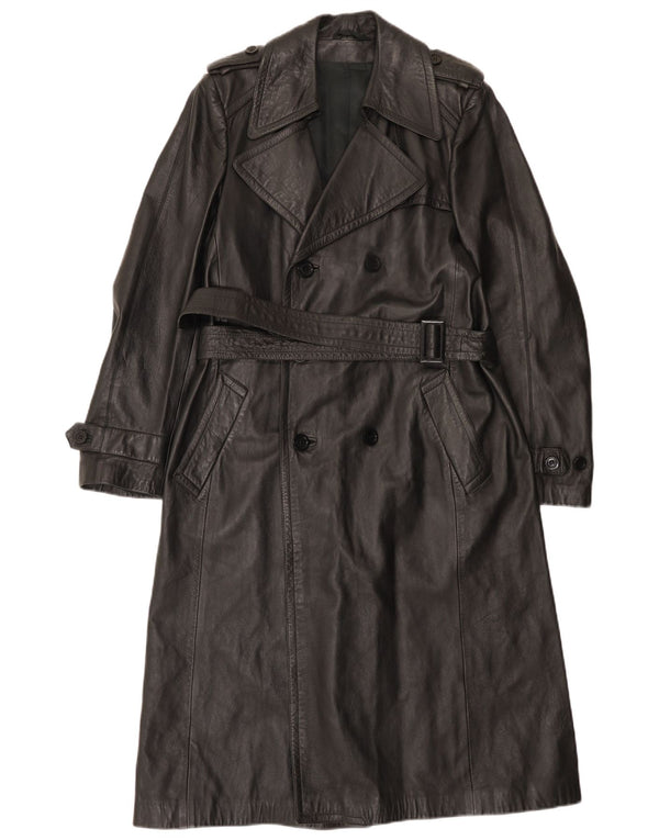 Vintage Mens Military Double Breasted Leather Coat UK 36 Small Black