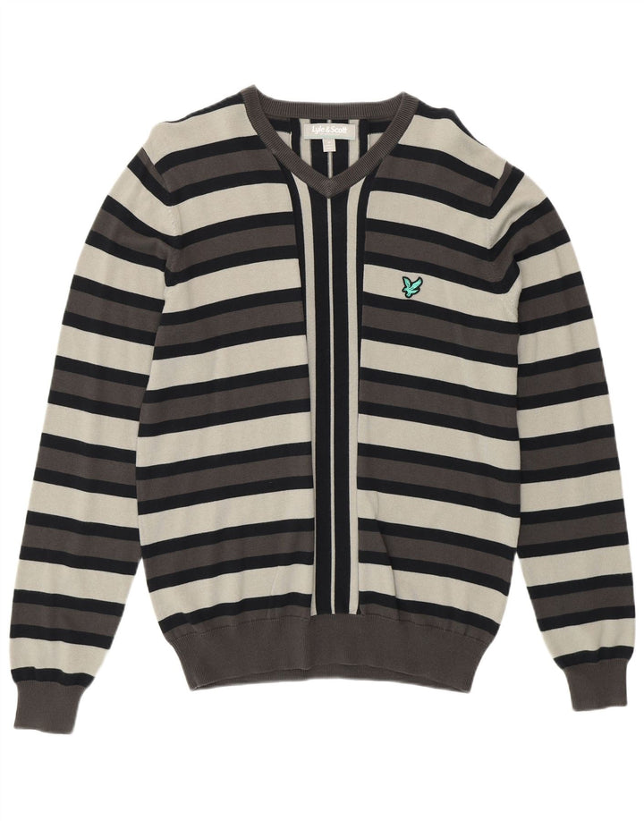 LYLE & SCOTT Pulover cu decolteu în V pentru bărbați, bumbac cu dungi gri mediu