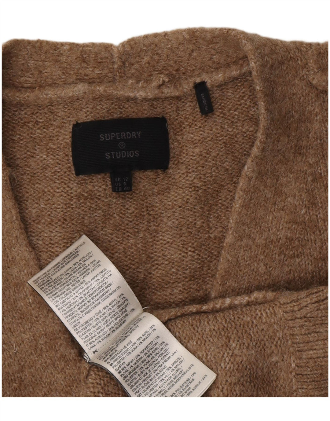 Pulover supradimensionat cu decolteu în V Superdry pentru femei UK 12 maro mediu acrilic
