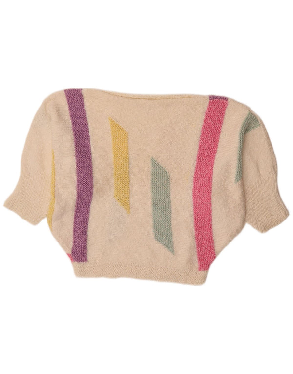 Pulover vintage pentru femei cu liliac cu gât de barcă, UK 18 XL, alb, bloc de culoare