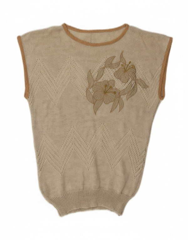 Vintage Womens Vest Tank Top UK 12 Medium Bej Floral Acrilic