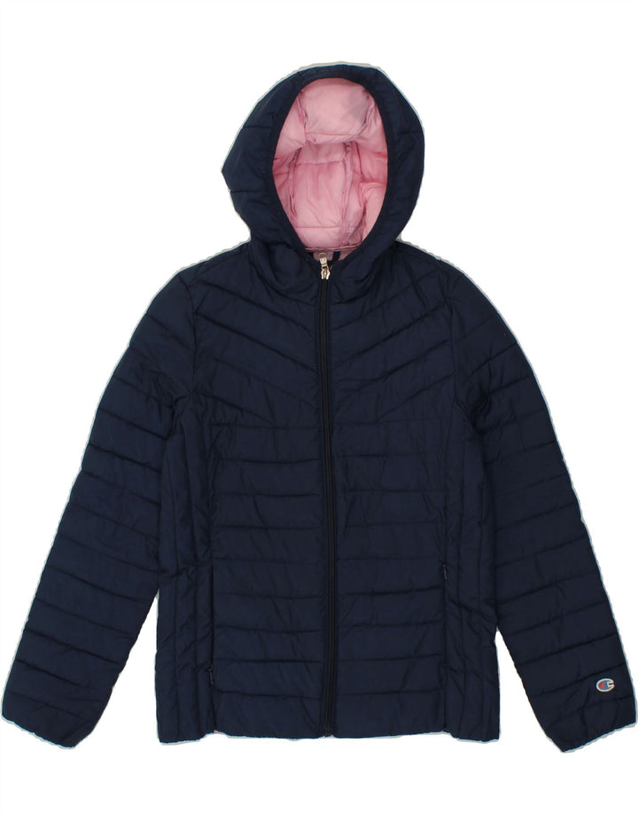 CHAMPION Girls Hooded Padded Jacket 9-10 Years Medium Navy Blue Polyester Vintage Champion and Second-Hand Champion from Messina Hembry 