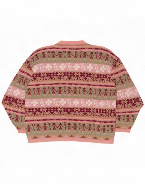 Vintage Womens Cardigan Pulover UK 18 XL Pink Fair Isle Acrylic