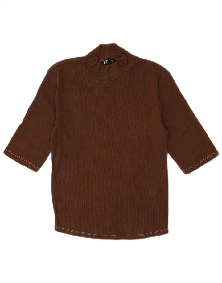 Crop Top pentru femei Zara, mânecă 3/4 UK 12, bumbac maro mediu