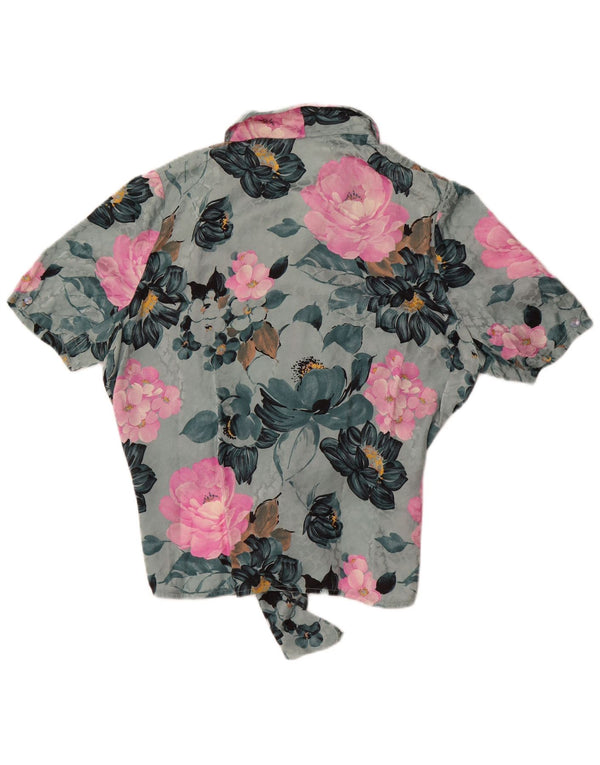 Bluză cămașă cu mânecă scurtă pentru femei vintage cu cravată în față UK 18 XL Albastru Floral
