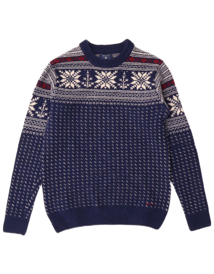 GANT Pulover pentru bărbați cu gât crew pulover mic albastru bleumarin din lână Fair Isle