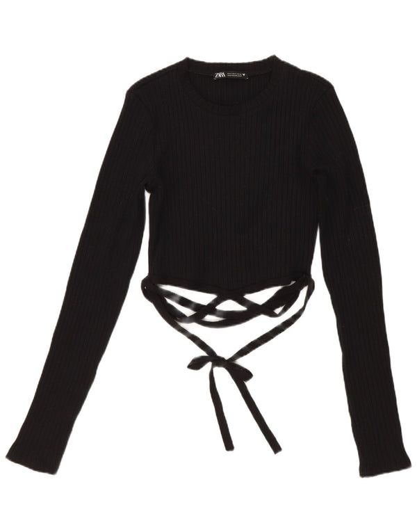 Crop Top pentru femei Zara cu mânecă lungă UK 8, bumbac negru mic
