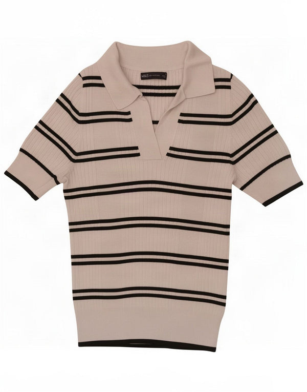 Marks & Spencer Tricou polo pentru femei UK 10 Small White Striped Viscose