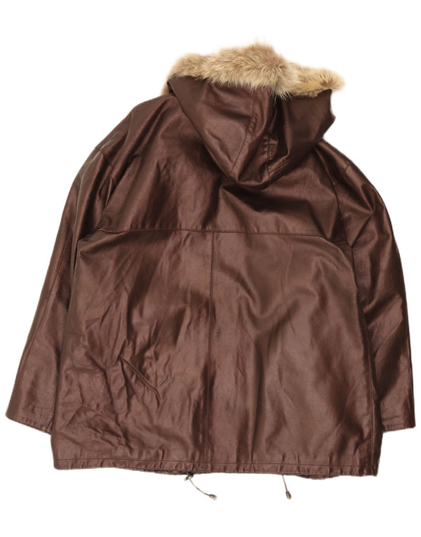 Jachetă de piele supradimensionată cu glugă vintage pentru femei IT 48 XL maro