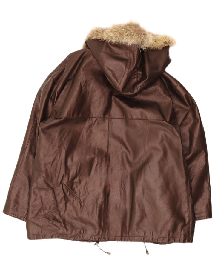 Jachetă de piele supradimensionată cu glugă vintage pentru femei IT 48 XL maro